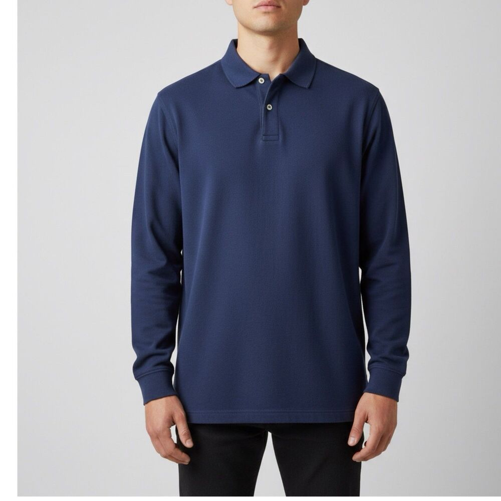 Vintage L.L. Bean Polo Shirt‎ Men L Blue Long Sleeve 100% Cotton Collared Solid